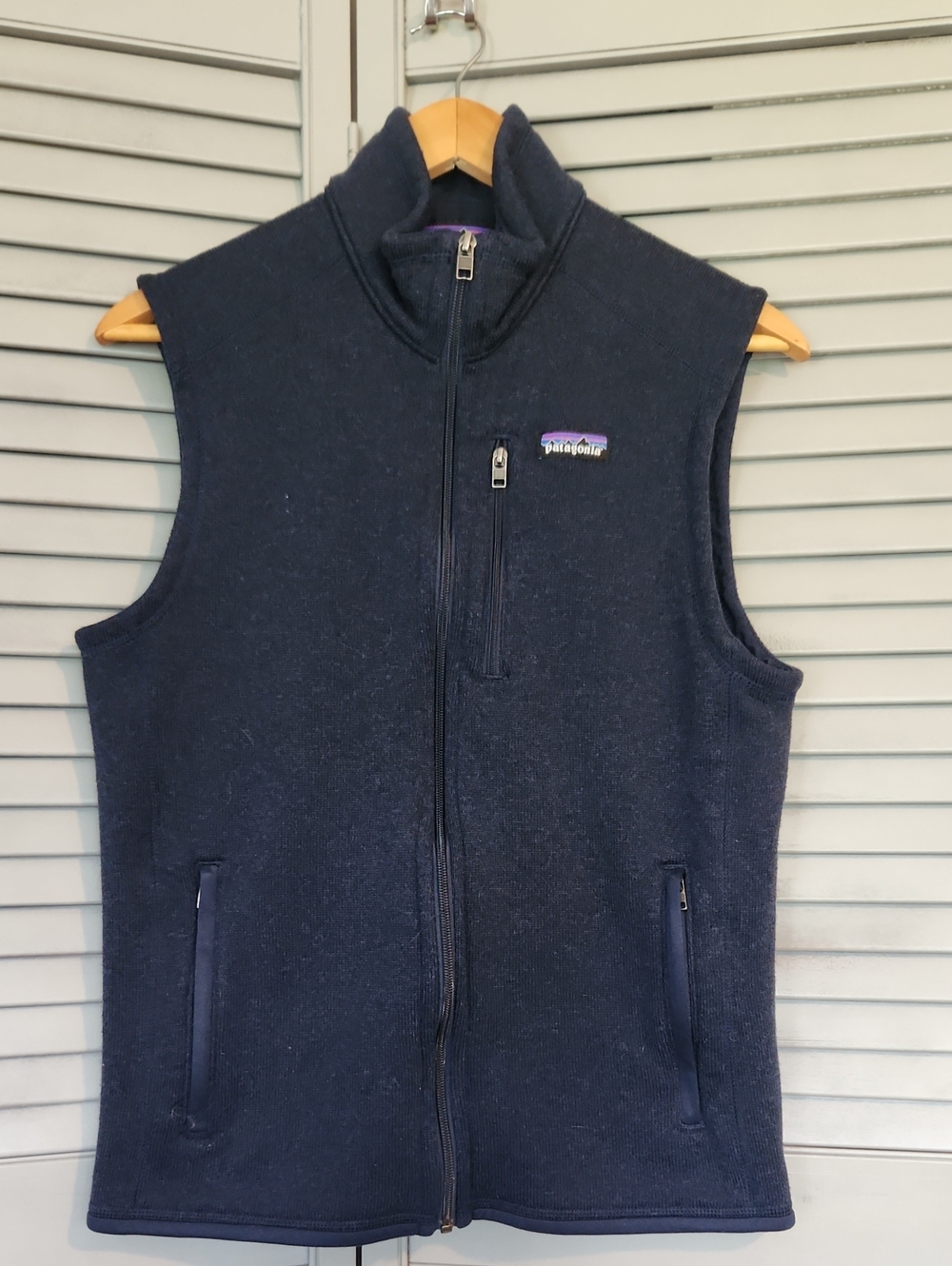 Patagonia Better Sweater Vest Navy Blue Full Zip Pockets Chest Logo EUC